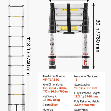 3.8m Telescoping Ladder, Aluminum Lightweight Multi-Purpose Collapsible Extension, One-Touch Retraction Ladder, Heavy Duty 150kg Max Capacity with Non-Slip Feet, for Home, Outdoor Work, Loft.