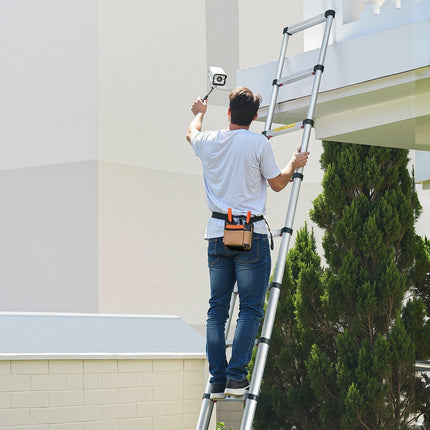 3.8m Telescoping Ladder, Aluminum Lightweight Multi-Purpose Collapsible Extension, One-Touch Retraction Ladder, Heavy Duty 150kg Max Capacity with Non-Slip Feet, for Home, Outdoor Work, Loft.