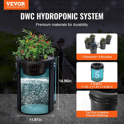 RDWC Hydroponics Grow System, Hydroponic Growing Kit with Top Drip, Recirculating Deep Water Culture 4 Buckles and 1 Reservoir, with Air Pump and Water Level Device for Leafy Vegetables.
