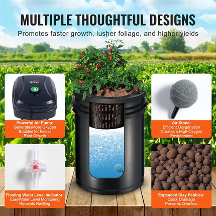 RDWC Hydroponics Grow System, Hydroponic Growing Kit with Top Drip, Recirculating Deep Water Culture 4 Buckles and 1 Reservoir, with Air Pump and Water Level Device for Leafy Vegetables.