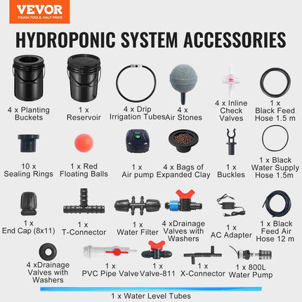 RDWC Hydroponics Grow System, Hydroponic Growing Kit with Top Drip, Recirculating Deep Water Culture 4 Buckles and 1 Reservoir, with Air Pump and Water Level Device for Leafy Vegetables.