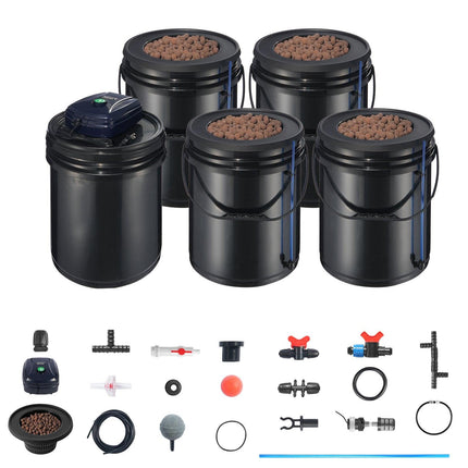 RDWC Hydroponics Grow System, Hydroponic Growing Kit with Top Drip, Recirculating Deep Water Culture 4 Buckles and 1 Reservoir, with Air Pump and Water Level Device for Leafy Vegetables.