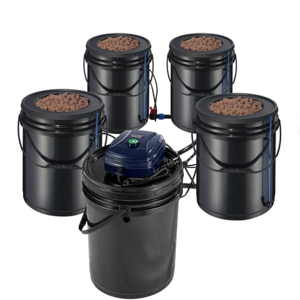 RDWC Hydroponics Grow System, Hydroponic Growing Kit with Top Drip, Recirculating Deep Water Culture 4 Buckles and 1 Reservoir, with Air Pump and Water Level Device for Leafy Vegetables.