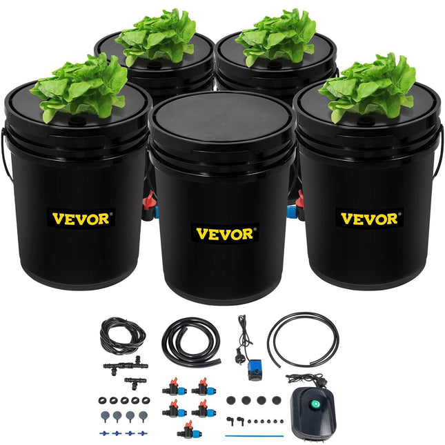 DWC Hydroponic System, 5 Gallon 5 Buckets, Deep Water Culture Growing Bucket, Hydroponics Grow Kit with Pump, Air Stone and Connected Reservoir, for Indoor/Outdoor Leafy Vegetables.