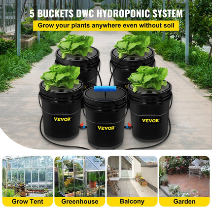 DWC Hydroponic System, 5 Gallon 5 Buckets, Deep Water Culture Growing Bucket, Hydroponics Grow Kit with Pump, Air Stone and Connected Reservoir, for Indoor/Outdoor Leafy Vegetables.