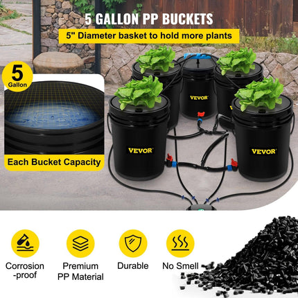 DWC Hydroponic System, 5 Gallon 5 Buckets, Deep Water Culture Growing Bucket, Hydroponics Grow Kit with Pump, Air Stone and Connected Reservoir, for Indoor/Outdoor Leafy Vegetables.