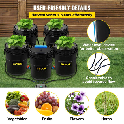 DWC Hydroponic System, 5 Gallon 5 Buckets, Deep Water Culture Growing Bucket, Hydroponics Grow Kit with Pump, Air Stone and Connected Reservoir, for Indoor/Outdoor Leafy Vegetables.