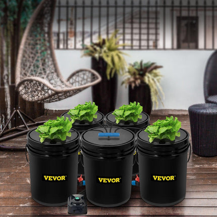 DWC Hydroponic System, 5 Gallon 5 Buckets, Deep Water Culture Growing Bucket, Hydroponics Grow Kit with Pump, Air Stone and Connected Reservoir, for Indoor/Outdoor Leafy Vegetables.
