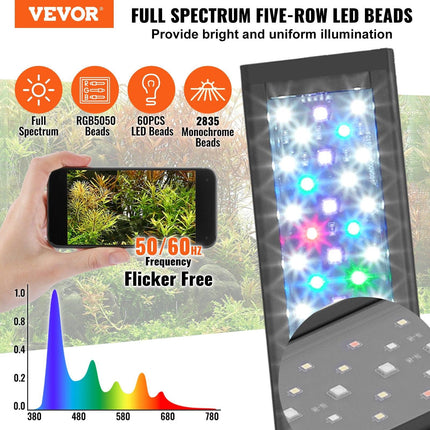 Aquarium Light, 14W Full Spectrum Fish Tank Light with 24/7 Natural Mode, Adjustable Timer & 5-Level Brightness, with Aluminum Alloy Shell Extendable Brackets for 12"-18" Freshwater Planted Tank.
