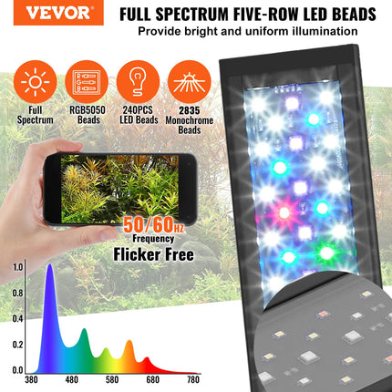 Aquarium Light, 48W Full Spectrum Fish Tank Light with 24/7 Natural Mode, Adjustable Timer & 5-Level Brightness, with Aluminum Alloy Shell Extendable Brackets for 48"-54" Freshwater Planted Tank.