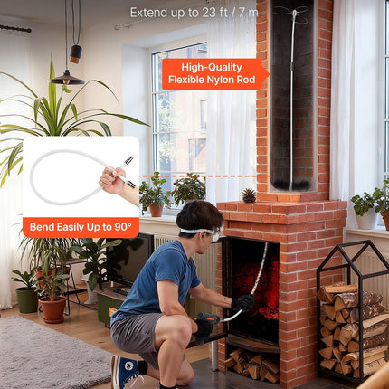 Chimney Sweep Kit, 7m Maximum Extendable Length Chimney Brush, Chimney Cleaner Sweeper with Dual Brush Heads, Brush & Goggles, Fireplace Cleaning Tool for Square, Rectangle, Arch Chimneys.