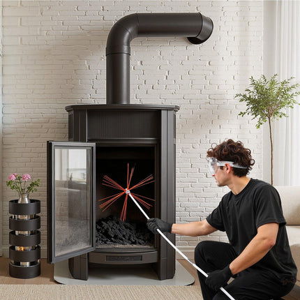 Chimney Sweep Kit, 7m Maximum Extendable Length Chimney Brush, Chimney Cleaner Sweeper with Dual Brush Heads, Brush & Goggles, Fireplace Cleaning Tool for Square, Rectangle, Arch Chimneys.