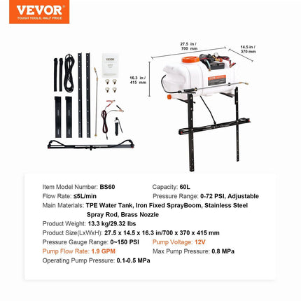 ATV Sprayer 60 L/15.9 Gal ATV/UTV Spot Sprayer with A Nozzle Boom 1.9 GPM.