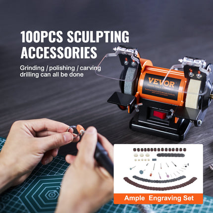 Jewelry Polisher, Bench Grinder Polishing & Buffing Machine, 3590RPM Bench Lathe Polisher with 1 Wool Wheel & 1 Abrasive Fiber Wheel & 1 Grinding Wheel & 100pcs Tools.
