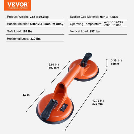 Glass Suction Cup, 119 mm 2 Pack 150 kg Load Capacity, Vacuum Suction Cup with Aluminum Handle, Heavy Duty Industrial Suction Cup Lifter Tool for Glass, Granite, Tile, Metal, Wood Panel Lifting.