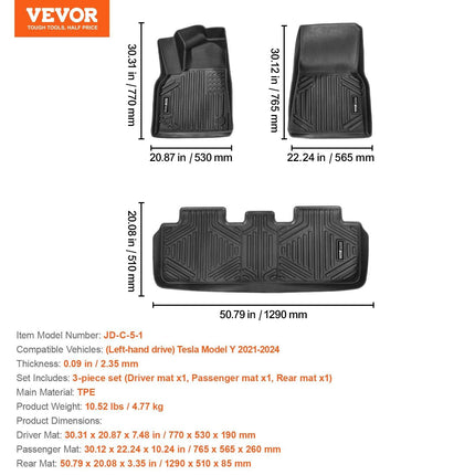 Automotive Floor Mats Fits for Tesla Model Y 2021-2024 3 pcs TPE Liners.