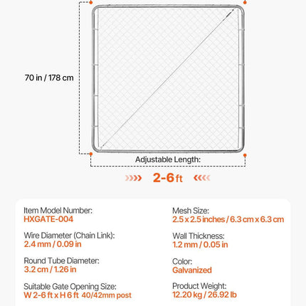 Chain Link Fence Gate, 70 x 72 in, Adjustable Chain Link Fence Panel, Fit 3 ft (W) x 4 ft (H) Garden Fence Gate Opening, Rust-Resistant Galvanized Fencing Gate for Farm Posts Not Included.