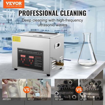 Ultrasonic Cleaner with Digital Timer & Heater, Professional Ultra Sonic Jewelry Cleaner, Stainless Steel Heated Cleaning Machine for Glasses Watch Rings Small Parts Circuit Board (10L).