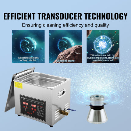 Ultrasonic Cleaner with Digital Timer & Heater, Professional Ultra Sonic Jewelry Cleaner, Stainless Steel Heated Cleaning Machine for Glasses Watch Rings Small Parts Circuit Board (10L).