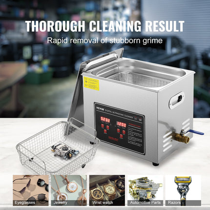 Ultrasonic Cleaner with Digital Timer & Heater, Professional Ultra Sonic Jewelry Cleaner, Stainless Steel Heated Cleaning Machine for Glasses Watch Rings Small Parts Circuit Board (10L).