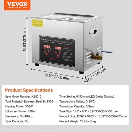 Ultrasonic Cleaner with Digital Timer & Heater, Professional Ultra Sonic Jewelry Cleaner, Stainless Steel Heated Cleaning Machine for Glasses Watch Rings Small Parts Circuit Board (10L).