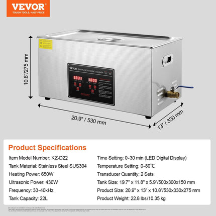 22L Ultrasonic Cleaner with Timer Heating Machine Digital Sonic Cleaner.