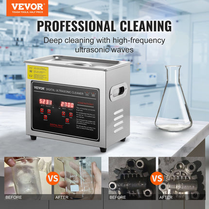 Ultrasonic Cleaner with Digital Timer & Heater, Professional Ultra Sonic Jewelry Cleaner, Stainless Steel Heated Cleaning Machine for Glasses Watch Rings Small Parts Circuit Board (3L).