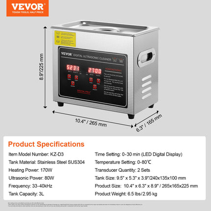 Ultrasonic Cleaner with Digital Timer & Heater, Professional Ultra Sonic Jewelry Cleaner, Stainless Steel Heated Cleaning Machine for Glasses Watch Rings Small Parts Circuit Board (3L).