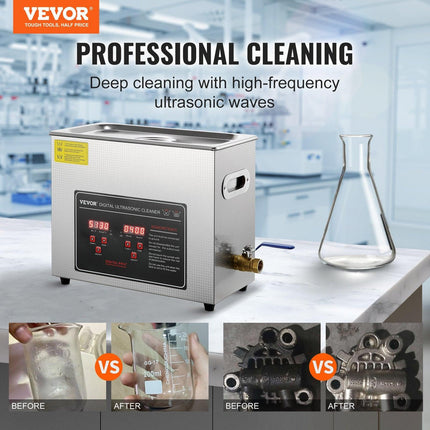 Ultrasonic Cleaner with Digital Timer & Heater, Professional Ultra Sonic Jewelry Cleaner, Stainless Steel Heated Cleaning Machine for Glasses Watch Rings Small Parts Circuit Board (6L).