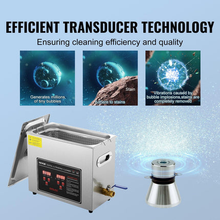 Ultrasonic Cleaner with Digital Timer & Heater, Professional Ultra Sonic Jewelry Cleaner, Stainless Steel Heated Cleaning Machine for Glasses Watch Rings Small Parts Circuit Board (6L).