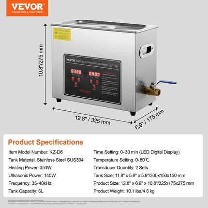 Ultrasonic Cleaner with Digital Timer & Heater, Professional Ultra Sonic Jewelry Cleaner, Stainless Steel Heated Cleaning Machine for Glasses Watch Rings Small Parts Circuit Board (6L).