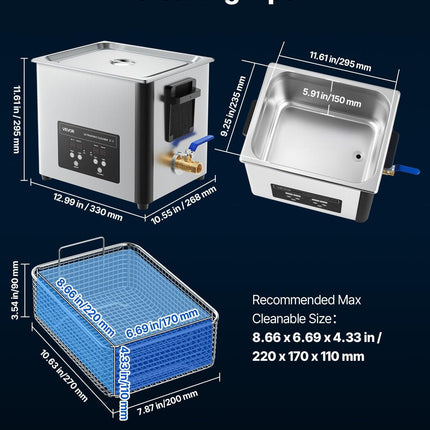 10L Ultrasonic Cleaner, Professional Ultrasonic Cleaner Machine with Cleaning Basket & Digital Display, 180W Stainless Steel 40kHz Cleaning Machine for Watches, Razors, Jewelry, Coins, and More.