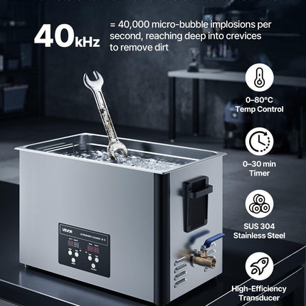 30L Ultrasonic Cleaner, Professional Ultrasonic Cleaner Machine with Cleaning Basket & Digital Display, 480W Stainless Steel 40kHz Industrial Cleaning Machine for Parts, Carburetors, Instruments.