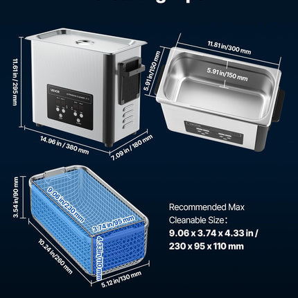 6L Ultrasonic Cleaner, Professional Ultrasonic Cleaner Machine with Cleaning Basket & Digital Display, 120W Stainless Steel 40kHz Cleaning Machine for Watches, Razors, Jewelry, Coins and More.