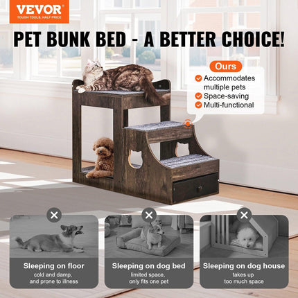 Pet Bunk Bed with Stairs Dog/Cat Window Perch with Storage Indoor Gray.