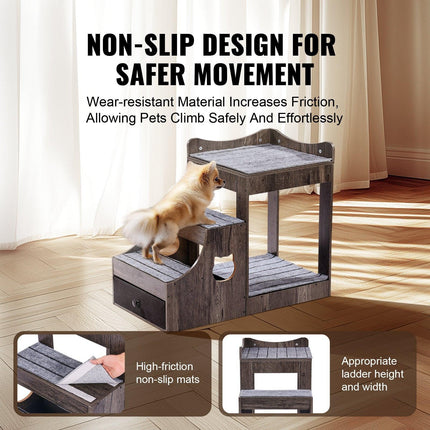 Pet Bunk Bed with Stairs Dog/Cat Window Perch with Storage Indoor Gray.