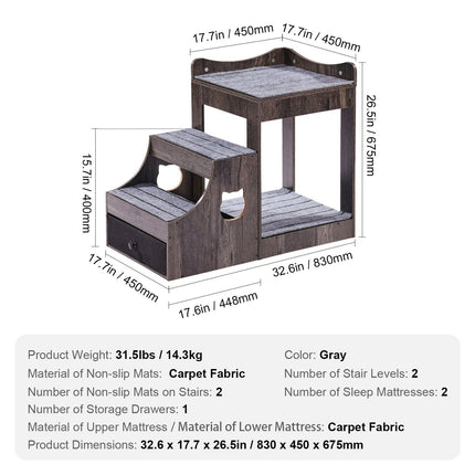 Pet Bunk Bed with Stairs Dog/Cat Window Perch with Storage Indoor Gray.