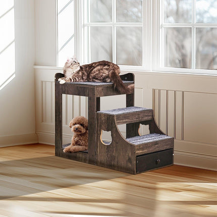 Pet Bunk Bed with Stairs Dog/Cat Window Perch with Storage Indoor Gray.