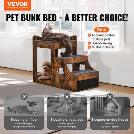 Pet Bunk Bed with Stairs Dog/Cat Window Perch with Storage Indoor Brown.