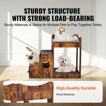 Pet Bunk Bed with Stairs Dog/Cat Window Perch with Storage Indoor Brown.