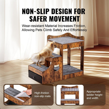 Pet Bunk Bed with Stairs Dog/Cat Window Perch with Storage Indoor Brown.