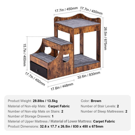 Pet Bunk Bed with Stairs Dog/Cat Window Perch with Storage Indoor Brown.