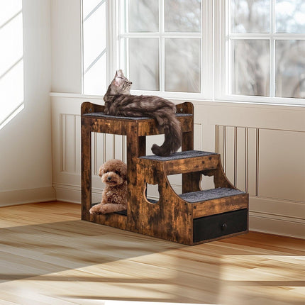 Pet Bunk Bed with Stairs Dog/Cat Window Perch with Storage Indoor Brown.
