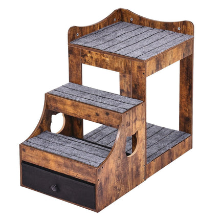 Pet Bunk Bed with Stairs Dog/Cat Window Perch with Storage Indoor Brown.