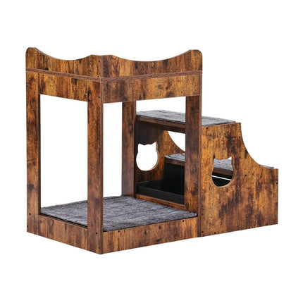 Pet Bunk Bed with Stairs Dog/Cat Window Perch with Storage Indoor Brown.