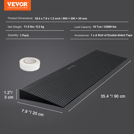 3 cm Rise Cuttable Threshold Ramp for Sweeping Robot, 90 cm Wide Natural Rubber Wheelchair Ramp, Non-Slip Solid Rubber Ramp with Double-Sided Tape for Doorways, Driveways, Bathroom, Smooth Tile.