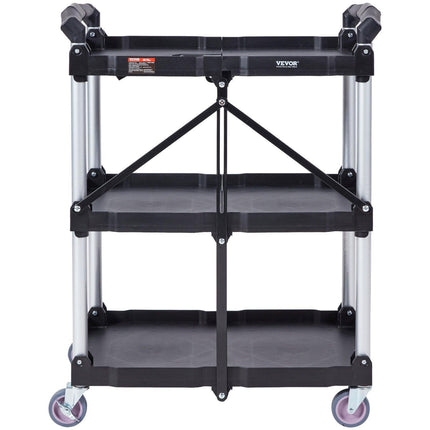 Foldable Utility Service Cart, 3 Shelf 165LBS Heavy Duty Plastic Rolling Cart with Lockable Wheels, Ergonomic Handle, Portable Garage Tool Cart for Warehouse/Office/Home(25.62"x15.43"x32.76").