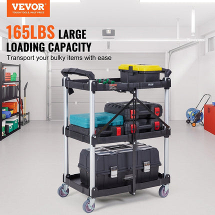 Foldable Utility Service Cart, 3 Shelf 165LBS Heavy Duty Plastic Rolling Cart with Lockable Wheels, Ergonomic Handle, Portable Garage Tool Cart for Warehouse/Office/Home(25.62"x15.43"x32.76").
