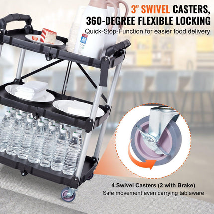 Foldable Utility Service Cart, 3 Shelf 165LBS Heavy Duty Plastic Rolling Cart with Lockable Wheels, Ergonomic Handle, Portable Garage Tool Cart for Warehouse/Office/Home(25.62"x15.43"x32.76").