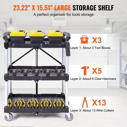 Foldable Utility Service Cart, 3 Shelf 165LBS Heavy Duty Plastic Rolling Cart with Lockable Wheels, Ergonomic Handle, Portable Garage Tool Cart for Warehouse/Office/Home(25.62"x15.43"x32.76").